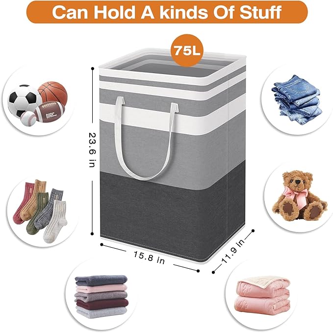 TINGHONG 1-Pack Large Collapsible Laundry Baskets - 75L Freestanding Waterproof Hampers with Reinforced Handles for Clothes, Toys, and More - Ideal for Dorms and Family Use (Gradient Grey)