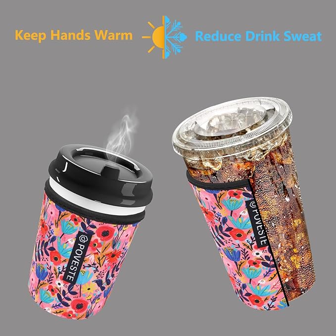 Reusable Neoprene Insulator Sleeve for Iced Coffee & Cold Soda, Coffee Sleeves for Iced & Hot Drinks, Cold Beverage Cooler Compatible with Starbucks, Dunkin (Abstract Flower, Small: 16-18oz)