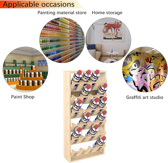 Nisorpa 24 Can Spray Paint or Lube Can Holder Aerosol Can Rack 6-Tier Wooden Spray Paint Can Storage Rack Wall Mount Aerosol Spray Can Organizer for Garage and Craft Workroom- 14.2" L x 5" W x 30" H