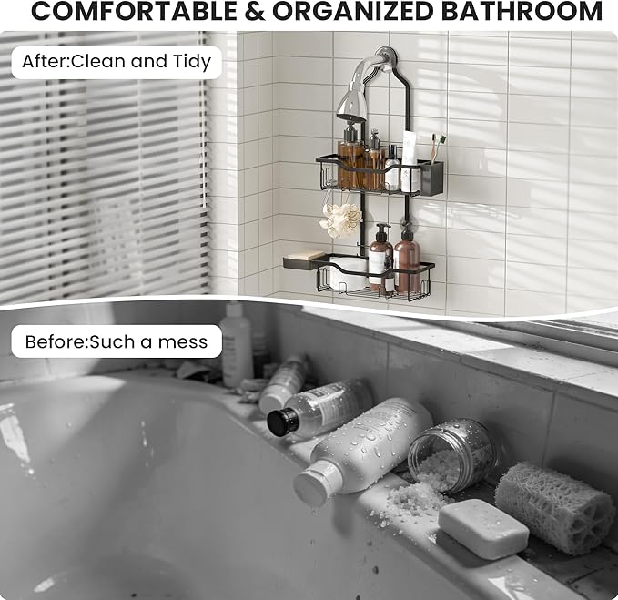 Hanging Shower Caddy Over Showerhead,2 Tier Rustproof Bathroom Shower Organizer, No Drill Shower Rack with Soap Dish, Toothbrush Holder and 12 Hooks,Black