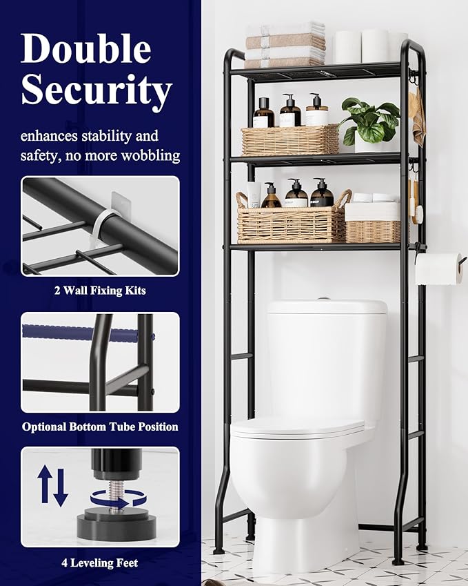 Kitsure Over Toilet Storage Rack - Metal Over Toilet Bathroom Organizer Shelf, Over the Toilet Storage Cabinet with Paper Holder and Hooks, Bathroom Cabinet for Laundry, Black, 3 Tiers (63.2" H)