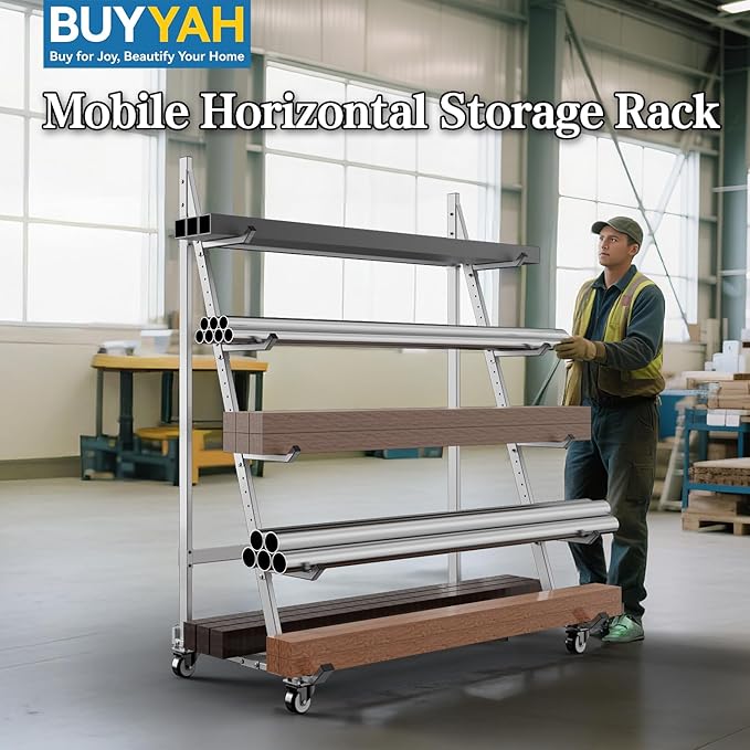 Heavy Duty Horizontal Storage Rack with 3 Inch Wheels 2 Fixed & 2 Swivel, Mobile Material Handling Conduit Pipe Rack Holds up to 2000lbs, 4.2ft x 2.1ft x 5.2ft