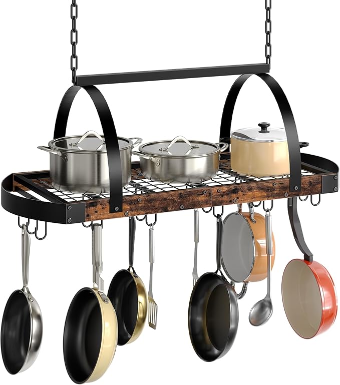 Hanging Pot Rack, Pot Hanger for Kitchen, Ceiling Mounted Pot Holder, Cookware Organizer with 18 S-Shaped Hooks, for Pot, Pan Storage, Space-Saving, Rustic Brown and Black TPR18BF