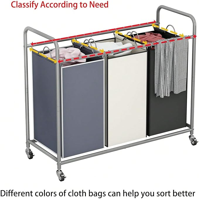 3-Bag Laundry Sorter Cart with Rolling Lockable Wheels, Removable Bags, 32.68 x 15.75 x 33.46 in, Black, Beige and Grey (Grey)