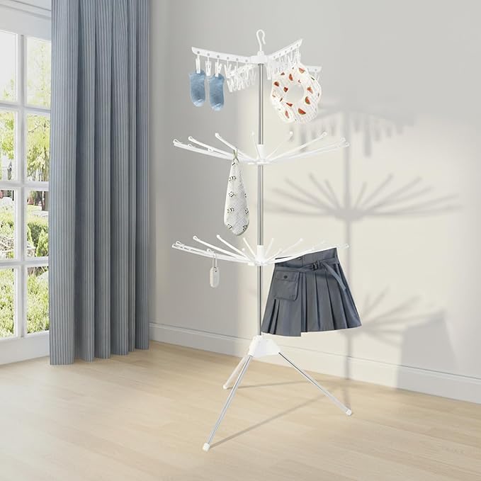 3-Tier Foldable Rotating Laundry Drying Rack with 24 Clips, Stainless Steel & PP Free-Standing Floor Dryer for Clothes