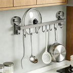 Wall Mounted Utensil Hook Rack with 8 Hooks, No Drill Installation, Space Gray Finish, Kitchen Organizer for Coats, Bags, and Accessories，Suction Cup Storage (1Pack)