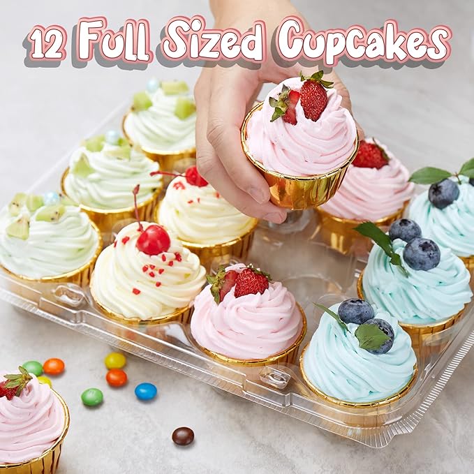 (12 Pack x 20 Sets) Stackable Cupcake Carrier with 240 Pack Liners, Plastic Cupcake Boxes Holders for 12 Cupcakes, High Tall Dome Lid Cupcake Containers, Clear Disposable Cupcake Trays