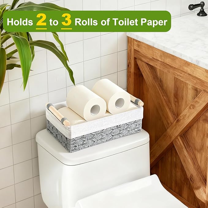 2 Pack Woven Toilet Paper Storage Baskets for Organizing with Wooden Handles, Toilet Paper Basket for Back of Toilet Top, Toilet Tank Topper Tray, Decorative Bathroom Basket Organizer for Shelves,Gray