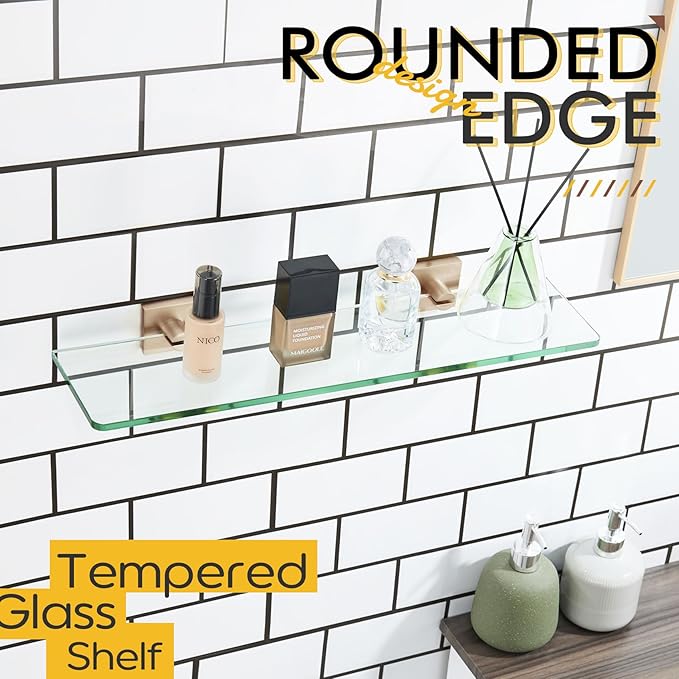 KOKOSIRI Tempered Glass Shelf 20-Inch Floating Wall Shelves Bathroom Rack Kitchen Shower Storage, 2 Pack Champagne Bronze Stainless Steel B1107CPG-L20-P2