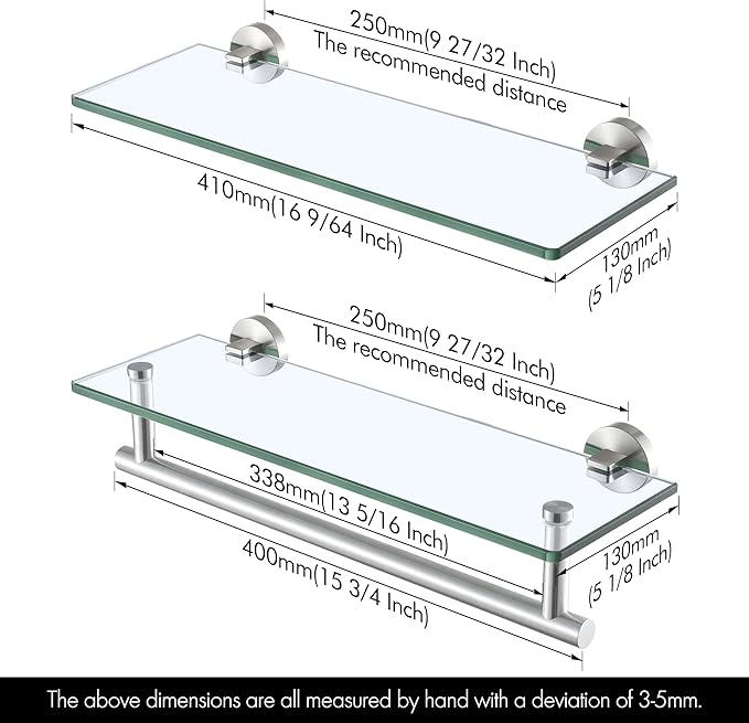 KES Glass Shelves for Bathroom, 16-Inch Glass Floating Bathroom Shelf with Bar 2 Pack Wall Mount SUS 304 Stainless Steel Brushed Finish, A2022S41-2-C1