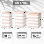 BALEINE Laundry Hamper with Lid, Tall Laundry Baskets with Bamboo Pull Handles, Large Laundry Bin with Internal Support (26 Gal/100L, Pink Stripe)