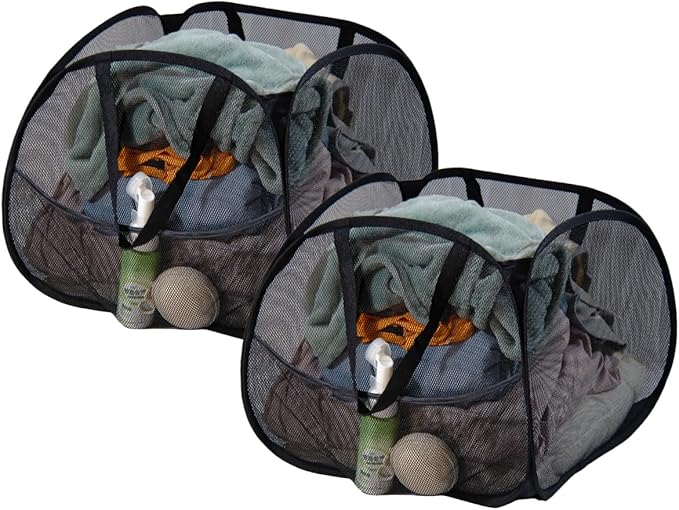 Collapsible Laundry Basket 90L, Foldable Mesh Pop-up Laundry Hamper with Handles, Dirty Clothes Hamper for Laundry with Side Storage Pocket(Black, 2PCS)