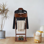Wood Suit Rack, Freestanding Clothing Valet Stand with Top Tray, Drawer, Trouser Holder, Tie Holders, Coat Rack and Base, Suit Valet Stand for Living Room, Entryway, Bedroom