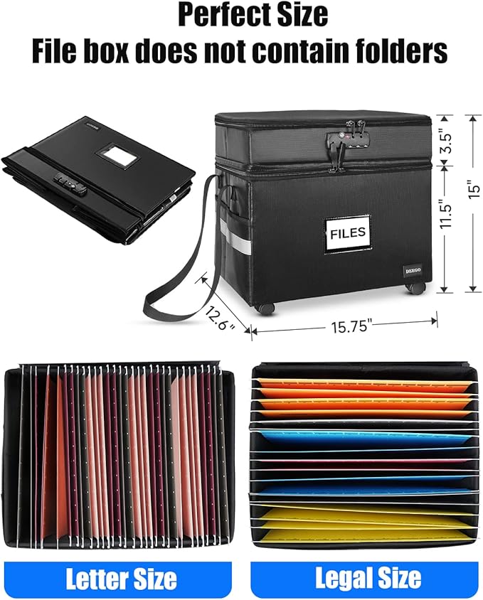 DEEGO Rolling File Box, Fireproof Document Box with Wheels Multi-Layer Water-Resistant File Organizer Portable file Cabinet Document Safe filing box for Home Office for Hanging Letter/Legal Folder