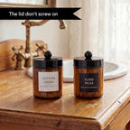 Amolliar Amber Glass Qtip Holder, Apothecary Jars with Black Plastic Lid & Stickers-Bathroom Qtip Dispenser Storage Organizer Set, Vanity Counter Cantainer for Cotton Swabs,Round Floss (2 Pack)