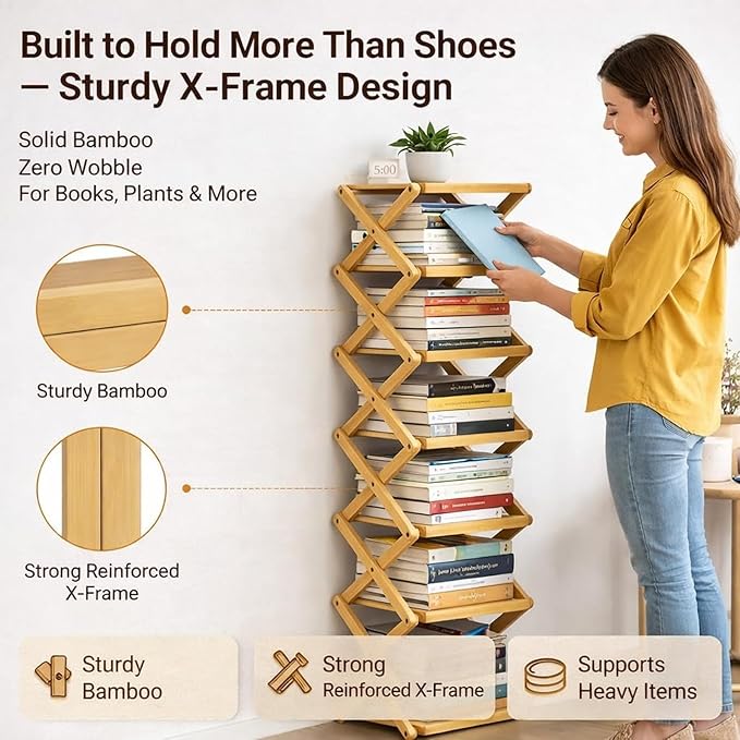 DDRIC The 9-Tier No-Assembly Bamboo Rack, Foldable 9 Tier Bamboo Shoe Rack with Collapsible Vertical Design, Space-Saving Shoe Storage Shelf for Entryway Closet Dorm, No-Tool Assembly (Brown,2)