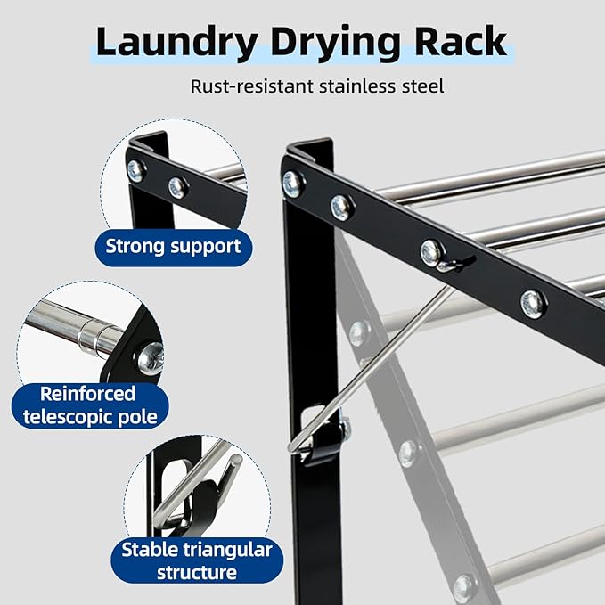 Wall Mounted Drying Rack for Laundry, 13”-23” Retractable Clothes Drying Rack, Space Saving Drying Rack Clothing with 5 Stainless Steel Rods Bathroom, Apartments, Black