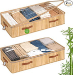 Livole 2 Pack Bamboo Under Bed Storage, 6 inches Underbed Storage Containers, 56L XXL Under Bed Storage Bins with Clear Lid & Label for Clothes, Blankets, Sweater, Shoes