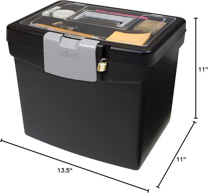 Storex 61504B02C Portable File Box with XL Lid, 11 x 13-1/2 x 11 Inches, Black (Pack of 3)
