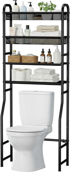 4-Tier Over The Toilet Storage Shelf and Rack | Above Toilet Organizer with Metal Frame & Vinyl Mesh, Space-Saving Unit for Bathroom and Laundry Room, Black