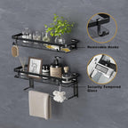 VOLPONE Glass Shelf for Bathroom 15.7 in Black Bathroom Shelves Wall Mounted Tempered Glass Shelving with 4 Removable Hooks (2 Tier)