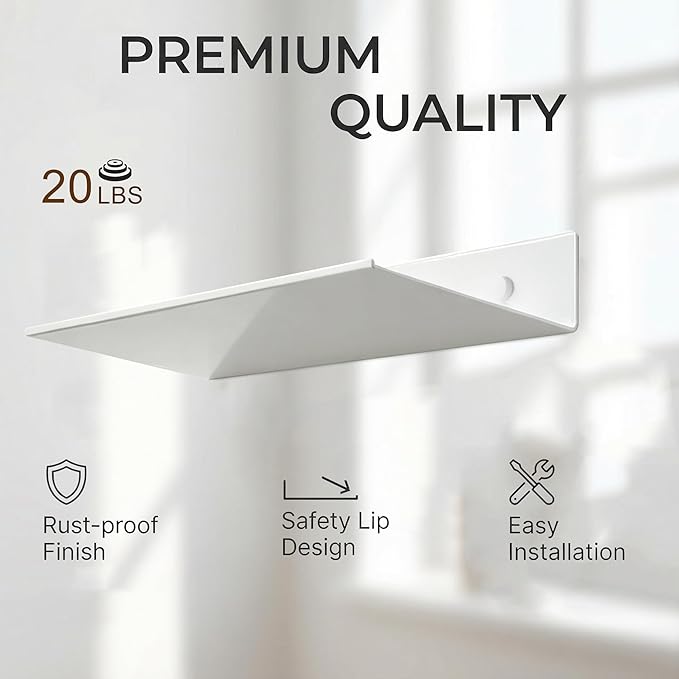 Z metnal Small Wall Shelves, Mini Display Metal Lack Floating Shelf for Collectables Figure, Aluminum, Wall Mounted, Sleek, White,12 x 5 inch, 2 Pack