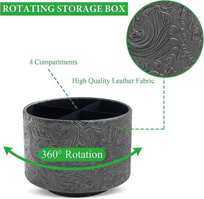 lizimandu Round Leather Art Supply Organizer,Remote Control Holder,360 Degree Spinning,Multi-Functional Pencil Holder,4 Compartments Desktop Stationary Organizer(1-Carved Black)