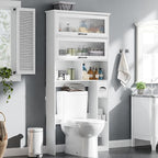 Vabches Over The Toilet Storage Cabinet with Transparent Door, Toilet Paper Storage Cabinet with Multi Layer Shelves Suitable for Bathroom, Laundry Room, Freestanding Bathroom Storage Rack, White