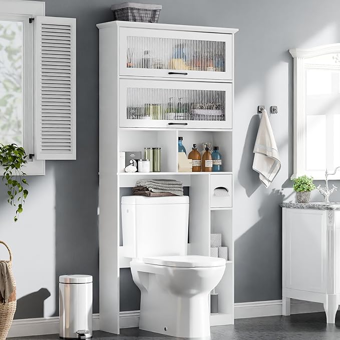 Vabches Over The Toilet Storage Cabinet with Transparent Door, Toilet Paper Storage Cabinet with Multi Layer Shelves Suitable for Bathroom, Laundry Room, Freestanding Bathroom Storage Rack, White