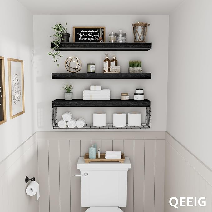 QEEIG Bathroom Shelves 24 inches Long - Floating Shelf for Wall Over Toilet Paper Storage Basket Farmhouse Set of 3, Black (019-60B3)