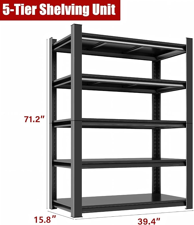 40" W 5-Tier Garage Storage Shelves, Adjustable Heavy Duty Metal Shelving Unit, Industrial Open Storage Shelf 2-in-1 Organizer Rack for Warehouse, Basement, Garage, Pantry (71" H x 40" W x 16" D)