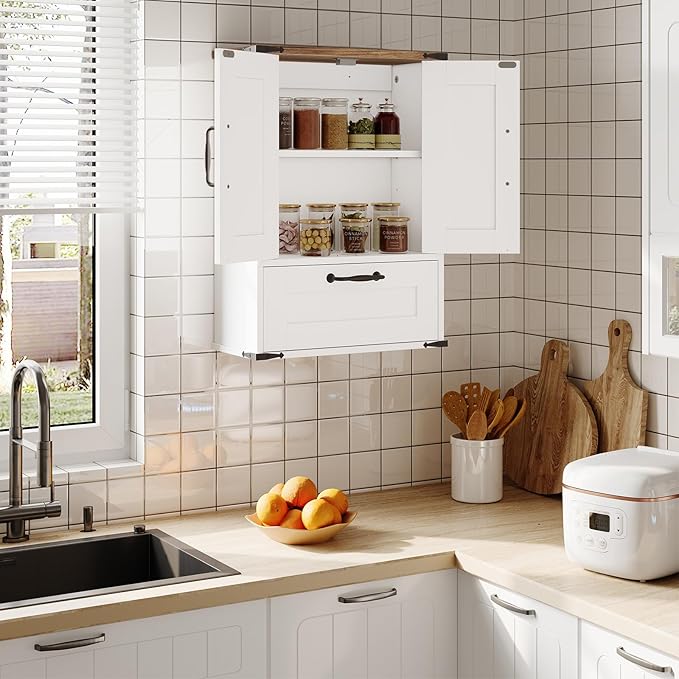 HOOBRO Farmhouse Wall Mounted Cabinet with Adjustable Shelf, Medicine Cabinet with Flip-Down Door, Over The Toilet Bathroom Organizer, for Small Bathroom, Kitchen, White and Walnut
