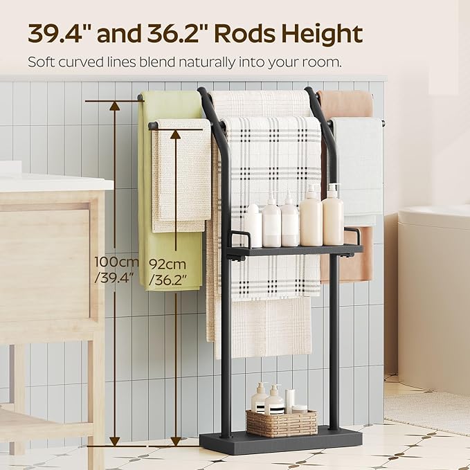 Free Standing Towel Rack, Taller Double-T Shape Bath Sheet Holder for Bathroom, Floor Blanket Holder Stand with Weighted Base, 4-Tier Towel Storage Rack, for Living Room, Balcony, Black CJ20BB