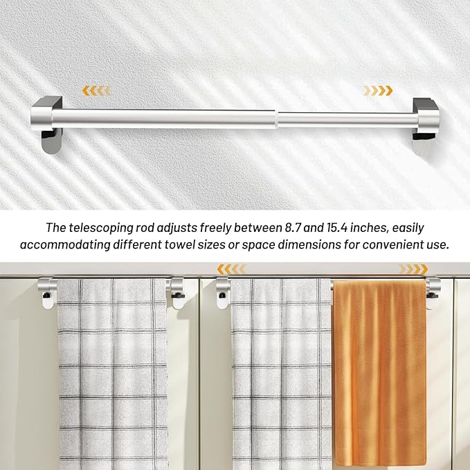 VEHHE Kitchen Towel Holder, Hand Screwed Telescopic Kitchen Towel Rack, Stainless Steel Adjustable Length and Width Over The Cabinet Door Towel Rack with EVA Foam Pad (Silver)