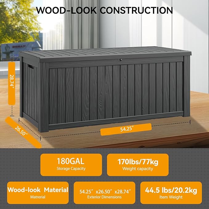 180 Gallon Outdoor Storage Box, Resin Deck Boxes Outdoor Waterproof For Patio Furniture, Garden Tools, Pool Supplies, Lockable And UV Resistant (Striped Black)