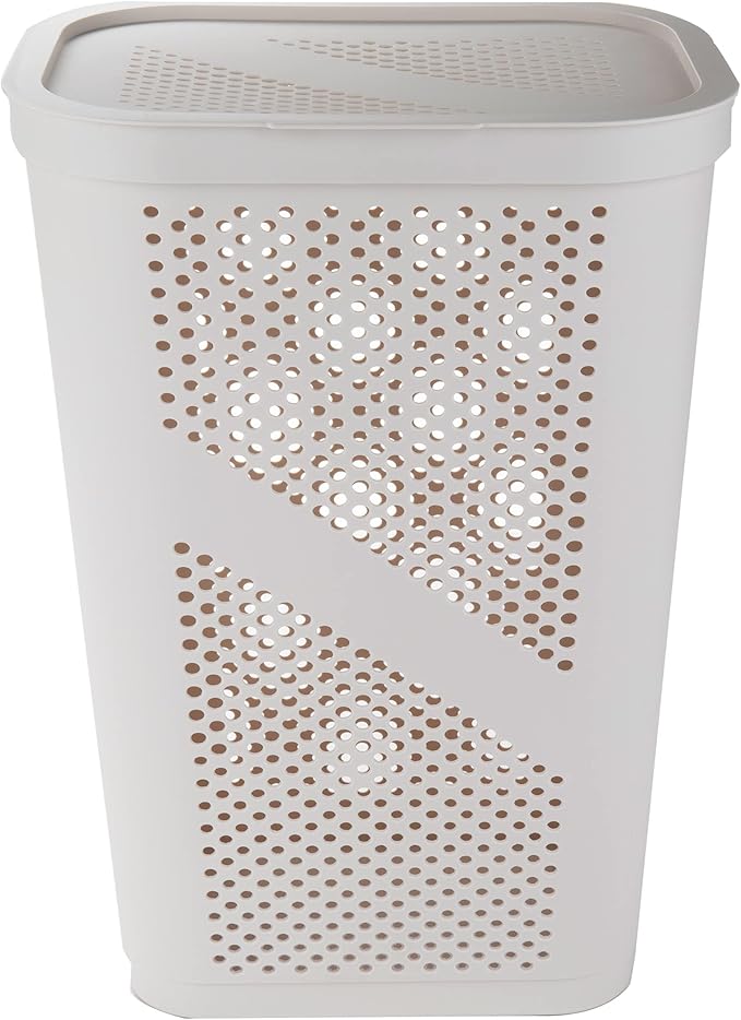 Mind Reader Slim Laundry Hamper with Lid, 60L Clothes Basket, Ventilated Plastic, Ivory