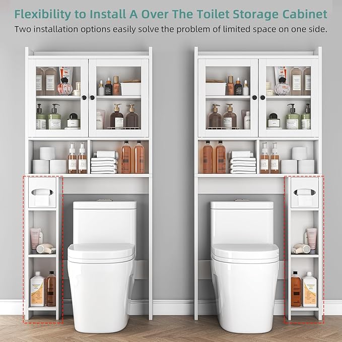 Over The Toilet Storage Cabinet with Clear Doors, Behind Toilet Organizer with Toilet Paper Holder Stand, Above Toilet Shelf, Space Saver for Bathroom, Laundry, Restroom, White