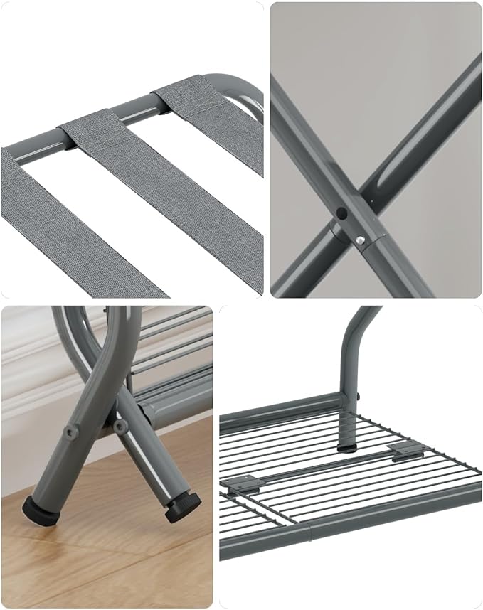 Set of 2 Luggage Rack with Storage Shelf, Foldable Suitcase Stand, Heavy Duty Metal Luggage Holder for Guest Room, Bedroom, Hotel, 150 lbs Top Capacity, 50 lbs Bottom Shelf LR-GY-2