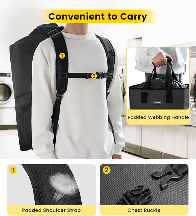 Vorspack Laundry Bag Backpack - Extra Large Laundry Bags with Shoulder Straps Heavy-duty 2 in 1 Laundry Hamper Basket for College Dorm Camp Laundromat Room Essentials - Black