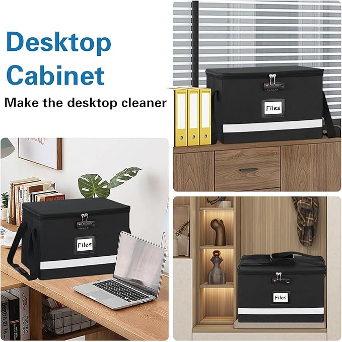 File Box with Lock - Portable File Organizer Box with Handle, Sturdy Important Document Organizer with Label, Slide, Reflective Strip for Hanging Letter/Legal Folder