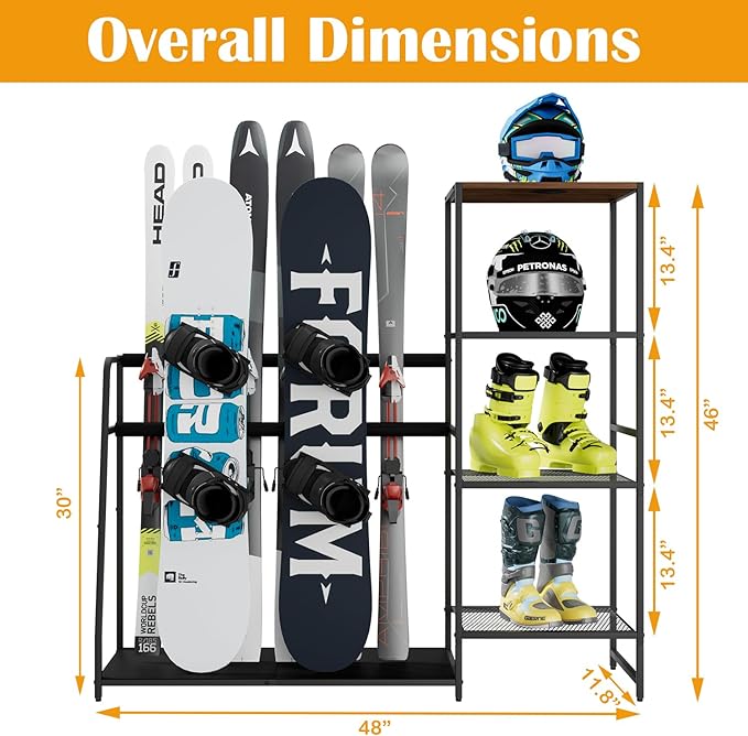 Freestanding Snowboard Rack - Stores 4 Pair Ski, 3 Pack Snowboard, Boot, Pole, Goggles, Helmet Rack for Garage, Shed, Basement