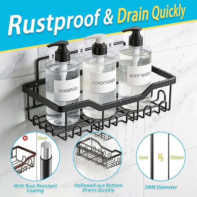 Adhesive Shower Caddy, 5-Pack Rustproof Stainless Steel Bathroom Organizer with 28 Hooks, No-Drill Large Capacity Shower Shelves for Bathroom Storage & Home Décor, Black