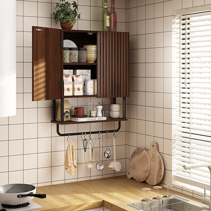 RUSTOWN Fluted Bathroom Wall Cabinet with 2 Doors, 3-Tier Modern Farmhouse Medicine Cabinet, Over The Toilet Storage Cabinet with Adjustable Shelf and Towel Bar (Dark Walnut, Medium)