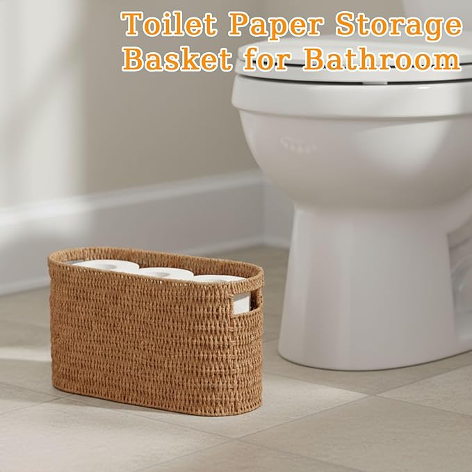 Toilet Paper Holder, Paper Towel Organizer, Wicker Storage Basket with Handles, Bathroom Decor and Accessories, Holds Up to 6 Mega Rolls