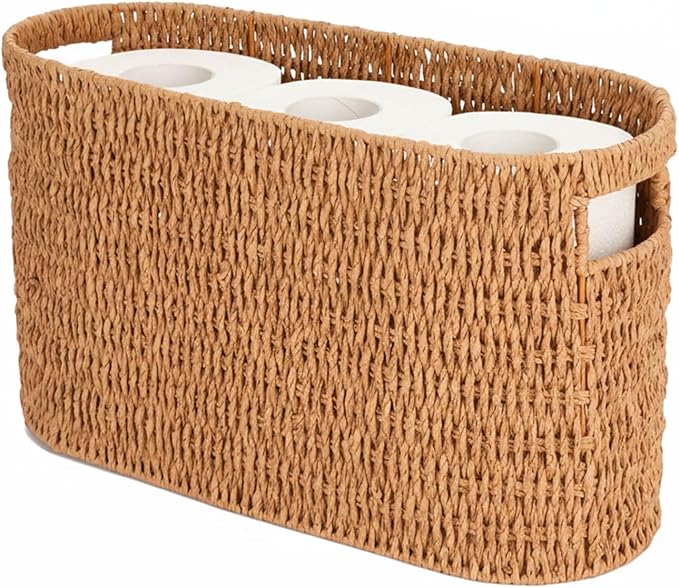 Toilet Paper Storage Holder with Built-in Handles,Toilet Paper Basket for up to 6 Rolls, Wicker Storage Baskets for Organizing,Tank Topper Counter for Bathroom Shelf Bedroom Living Room
