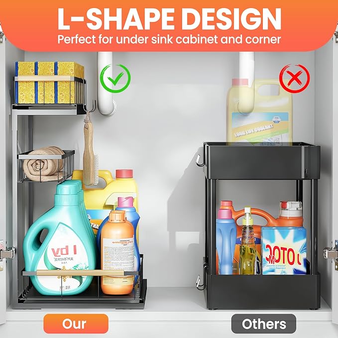 Under Sink Organizer and Storage for Bathroom and Kitchen - 2 Pack 3 Tier Under Cabinet Pull Out Shelf Organizers - Slide Out Drawer Organization for Home Cabinets Shelves and Drawers