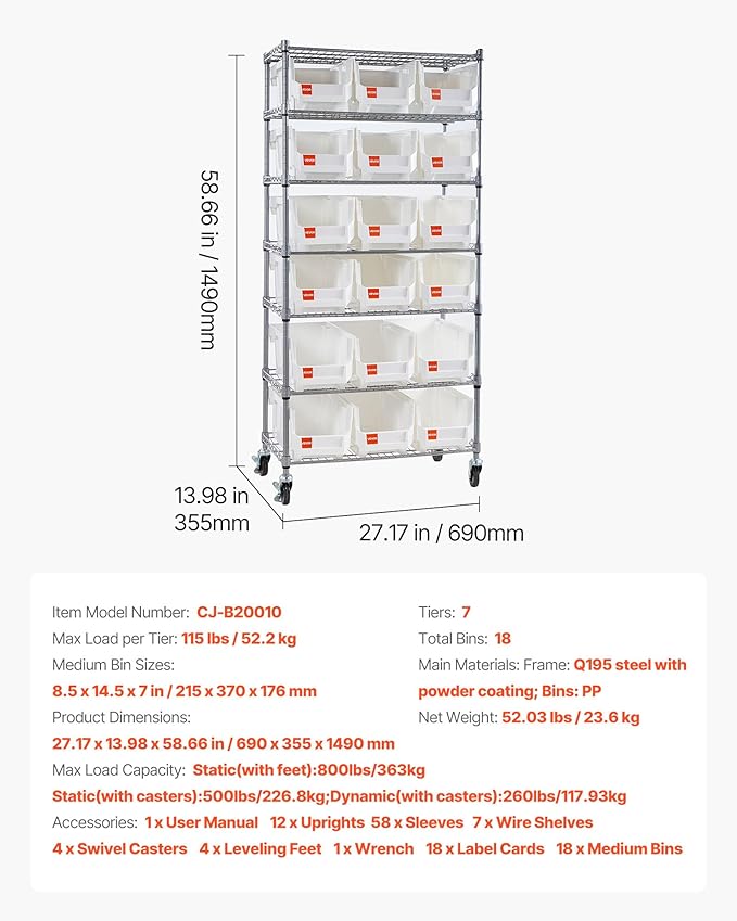 VEVOR 7-Tier Rolling Bin Storage Rack, 18 Organizer Bins, Bin Rack Storage Steel Wire Shelving System with Wheels, Mobile Tool Organizer for Garage, Warehouse, Office, Restaurant, Classroom, Kitchen