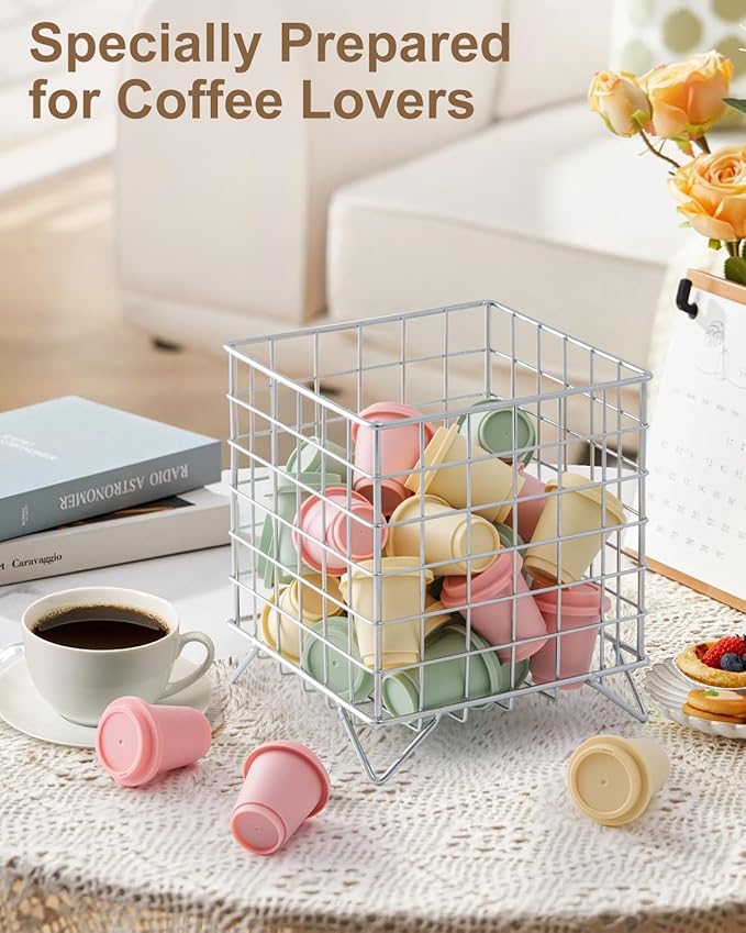 K Cup Holder Organizer, 5.3" x 5.3" x 6.3" Coffee Pod Storage Basket, Coffee Bar Accessories Metal Basket, Large Capacity Countertop Organizer for Kitchen Counter & Office Desktop (Silver)