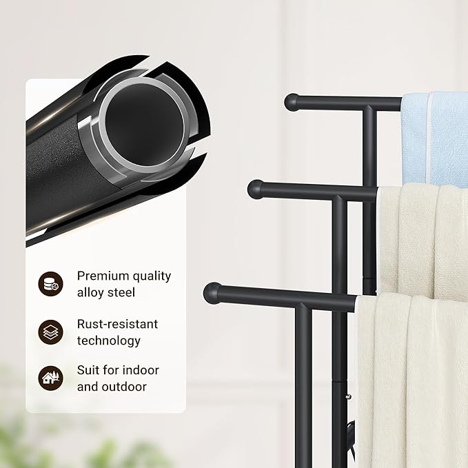 ELYKEN 3 Tier Standing Towel Rack, 40'' Tall Towel Drying Rack Outdoor, Freestanding Floor Towel Rack with Shelf, Pool Towel Blanket Stand, Metal Towel Racks for Bathroom freestanding, Matte Black
