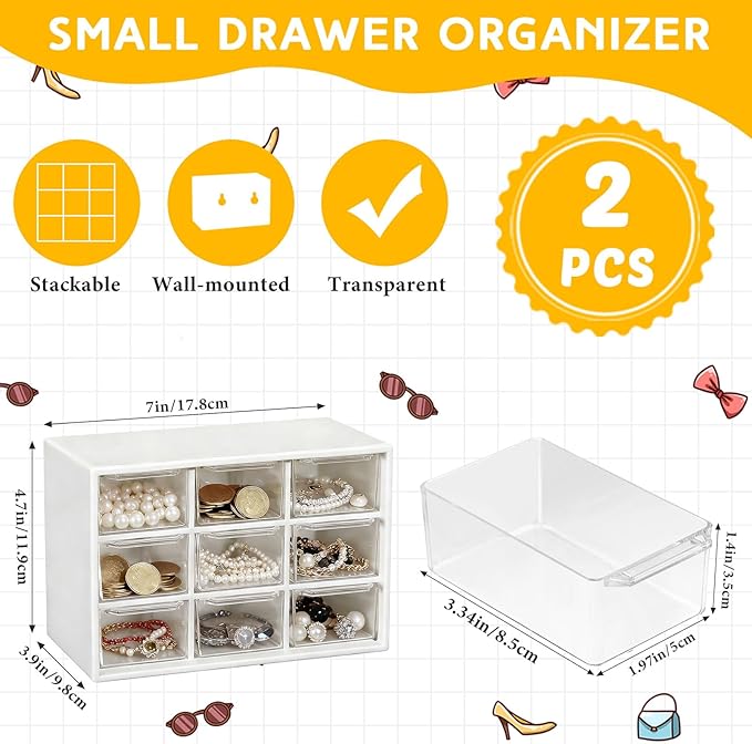 Wenqik 2 Pcs Mini Storage Drawers Teacher Toolbox Organizer with 9 Clear Drawers Small Plastic Desktop Teacher Desk Craft Organizer for Classroom Office 7" x 3. 9" x 4. 7" (Black, White)